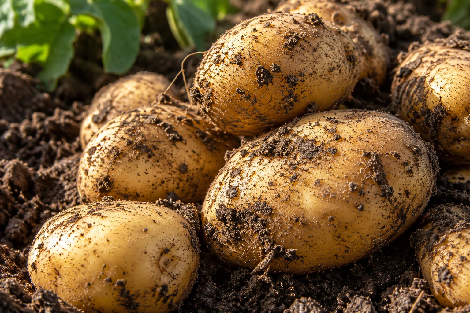 AI-generated illustrative detail photograph for Forge Automatic Photo Check: freshly lifted potatoes resting on dark soil