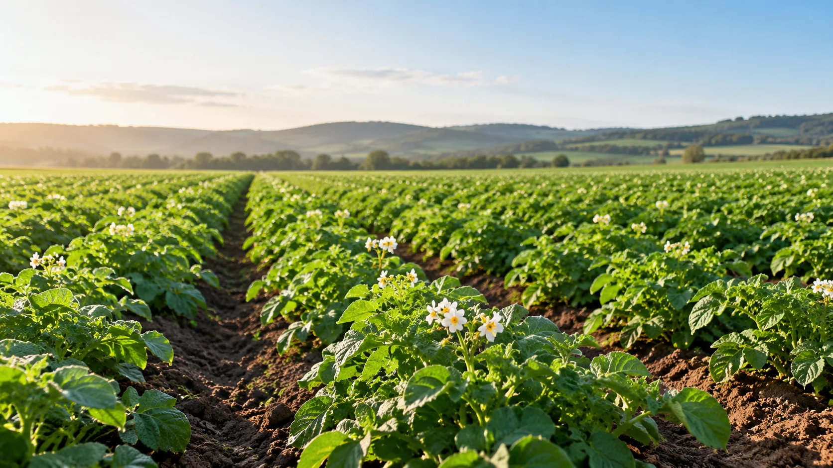 AI-generated illustrative hero photograph for Forge Automatic Photo Check: rows of flowering potato plants running towards low hills in evening light